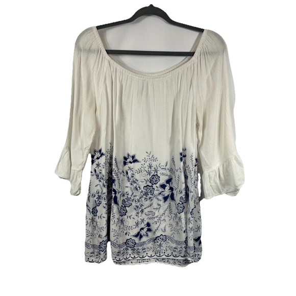 Blancheporte Tops - Blancheporte Blue White Floral Boho Peasant Top L Bell Sleeve Cottagecore Light